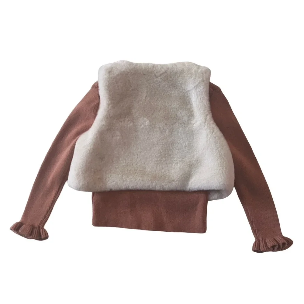 Tommy Bahama Girls Size 24 Month Long Sleeve Shirt Faux Fur Vest Set Brown White